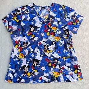 Disney Mickey Mouse Patriotic Scrub Top L Mock Wrap Rocket Fireworks Stars USA